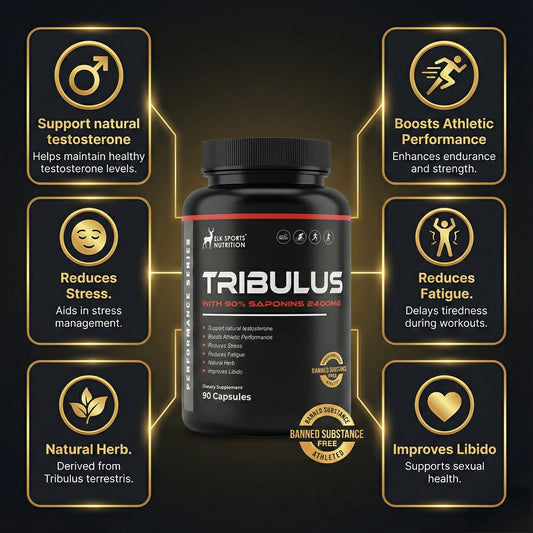 Tribulus supplement bottle of elk sports nutrition brand on a dark background with benefits .