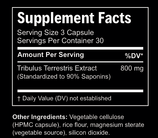 Supplement facts label with Tribulus Terrestris Extract on a black background