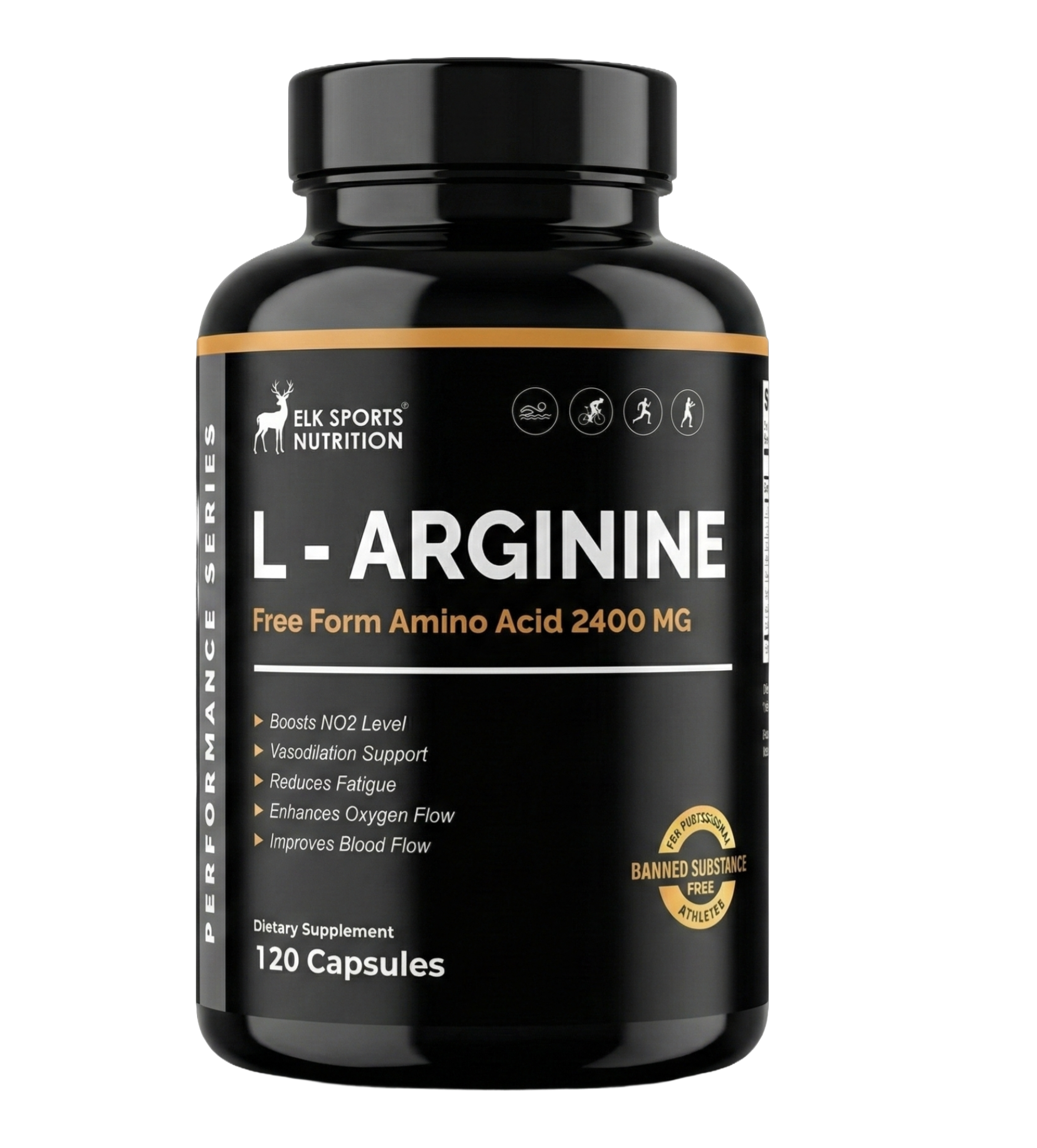 Black supplement bottle labeled 'L-Arginine' by Elk Sports Nutrition on a white background