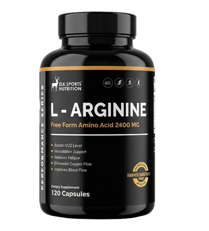 Black supplement bottle labeled 'L-Arginine' by Elk Sports Nutrition on a white background