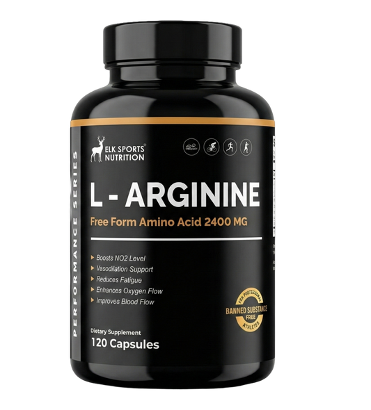 Black supplement bottle labeled 'L-Arginine' by Elk Sports Nutrition on a white background