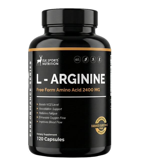 Black supplement bottle labeled 'L-Arginine' by Elk Sports Nutrition on a white background