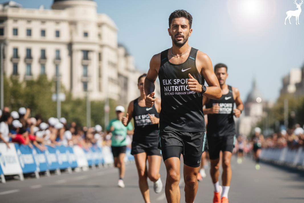 Man running in a race with 'Elk Sports Nutrition' branding.