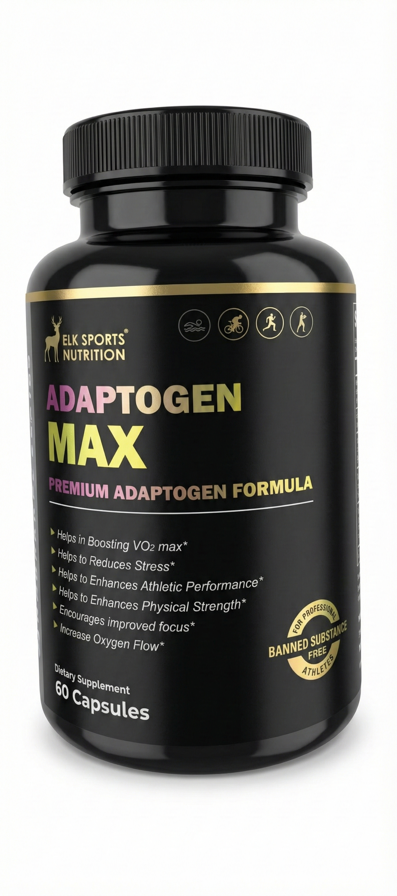 Black supplement bottle labeled 'Adaptogen Max' on a white background