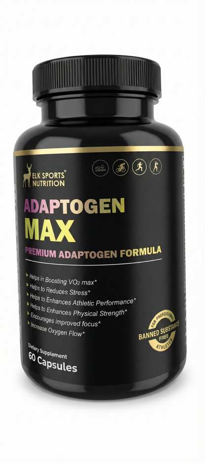 Black supplement bottle labeled 'Adaptogen Max' on a white background