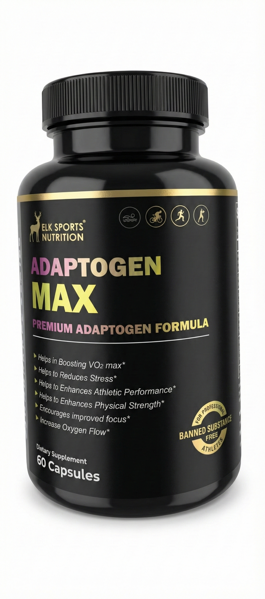 Black supplement bottle labeled 'Adaptogen Max' on a white background