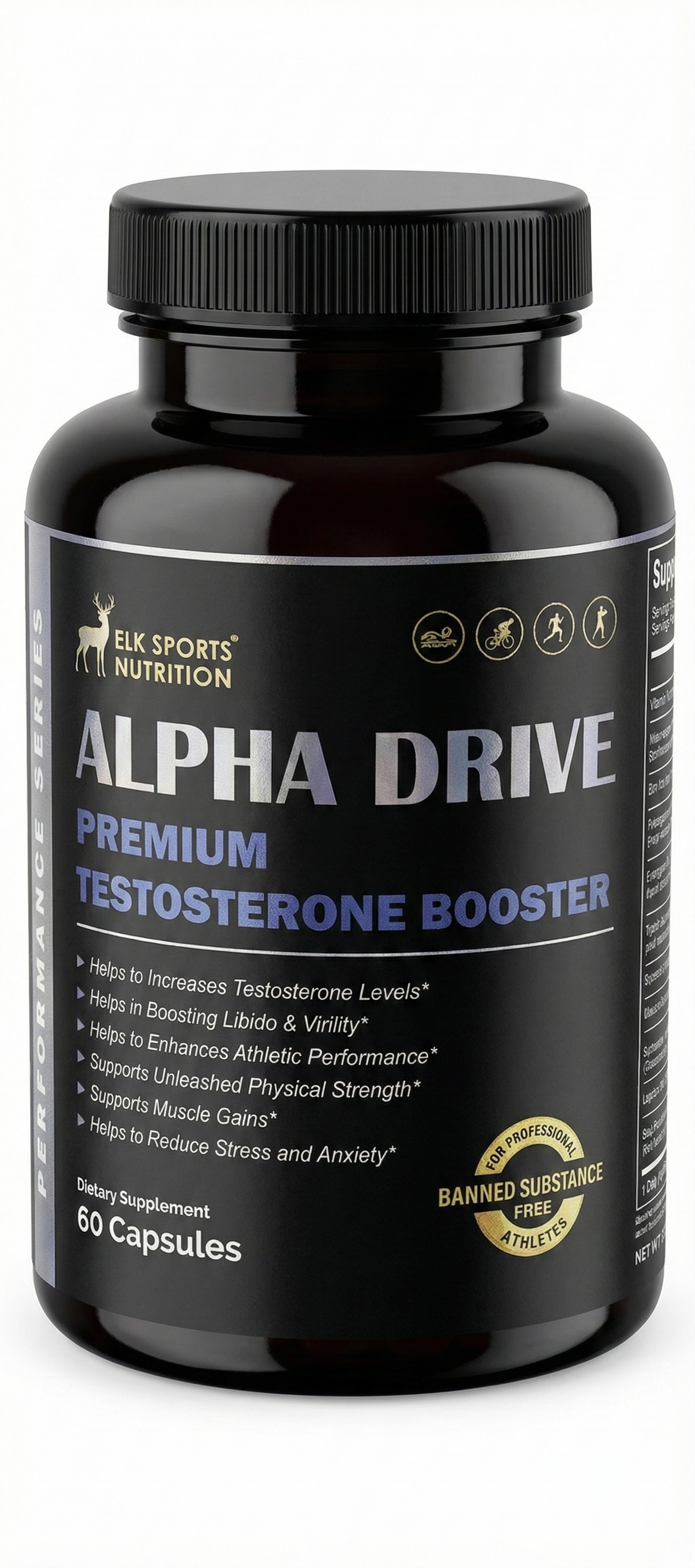 Alpha Drive premium testosterone booster supplement bottle on a white background