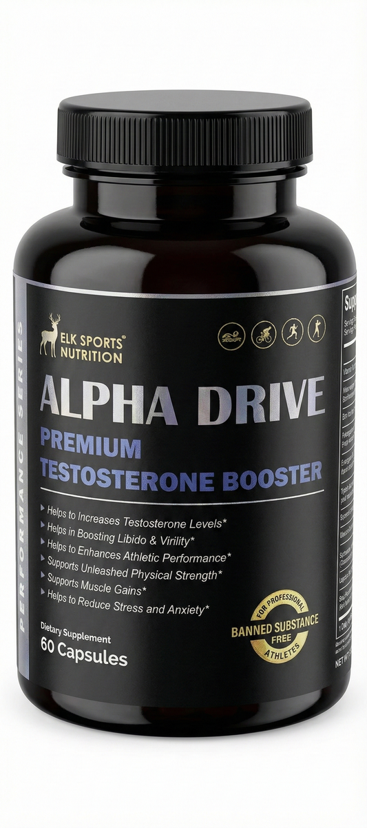 Alpha Drive premium testosterone booster supplement bottle on a white background