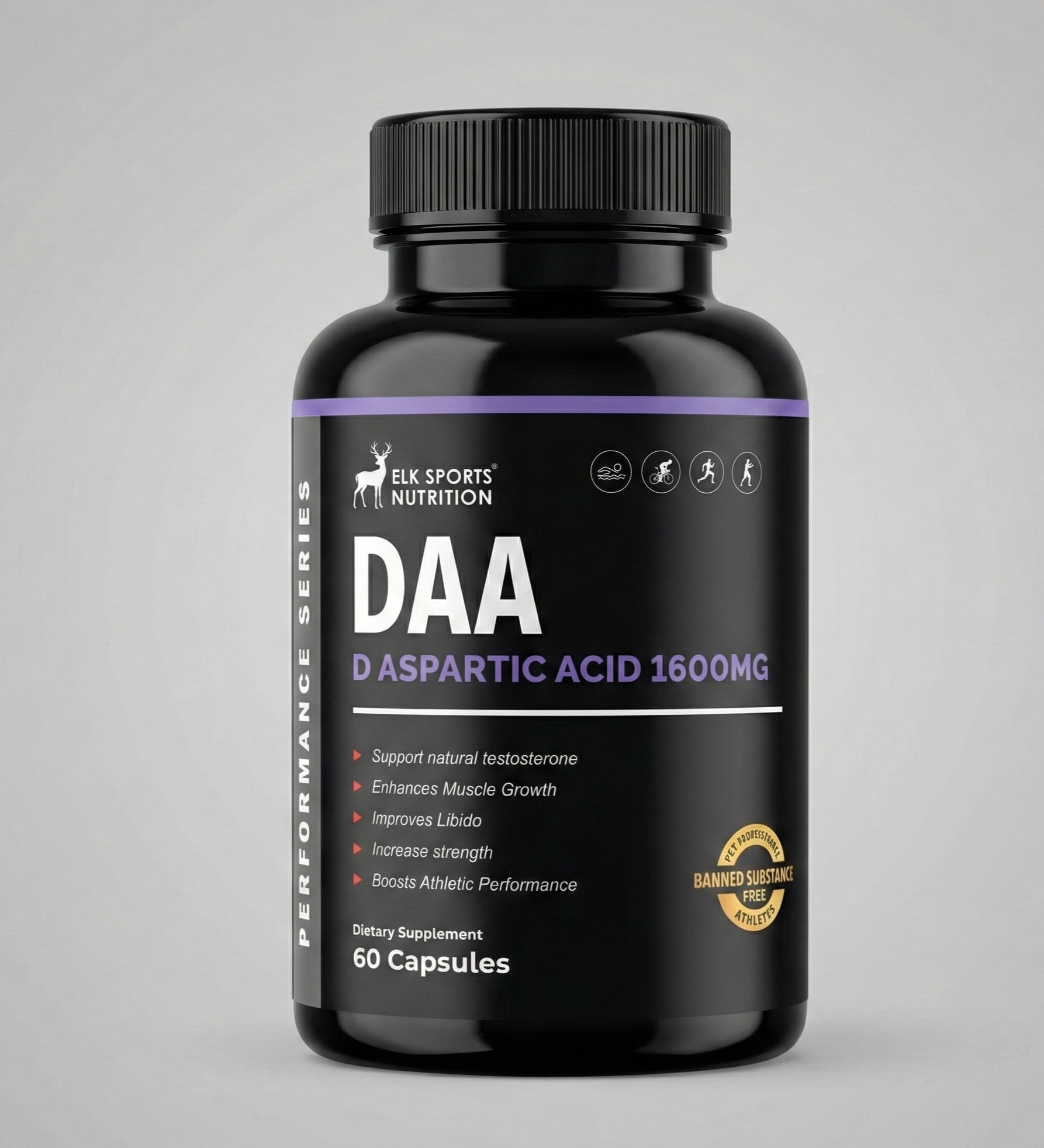 Black supplement bottle labeled 'DAA' with Elk Sports Nutrition on a gray background