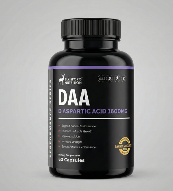 Black supplement bottle labeled 'DAA' with Elk Sports Nutrition on a gray background