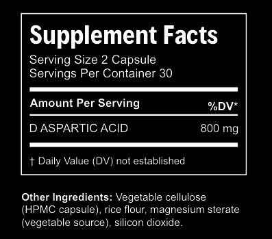 Supplement facts label for D Aspartic Acid capsules with serving size, servings per container, and ingredient list.