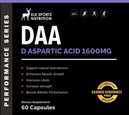 Elk Sports Nutrition DAA (D Aspartic Acid 1600MG) supplement packaging on a black background.