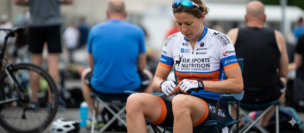 Cyclist taking a break during an event, sitting on a chair with a blurred background of other people and bicycles.