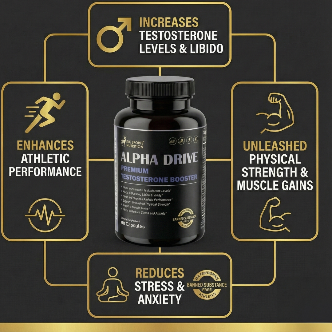 Alpha Drive supplement bottle with benefits on a black background