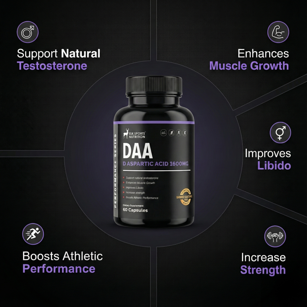 Black supplement bottle labeled DAA with purple text on a dark background
