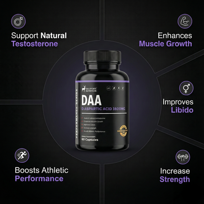 Black supplement bottle labeled DAA with purple text on a dark background