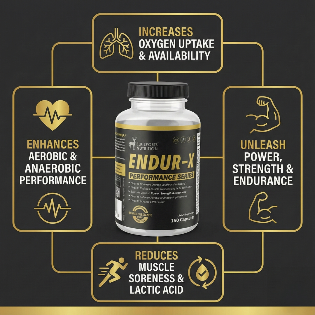 Bottle of Endur-X supplement with health benefits on a black background
