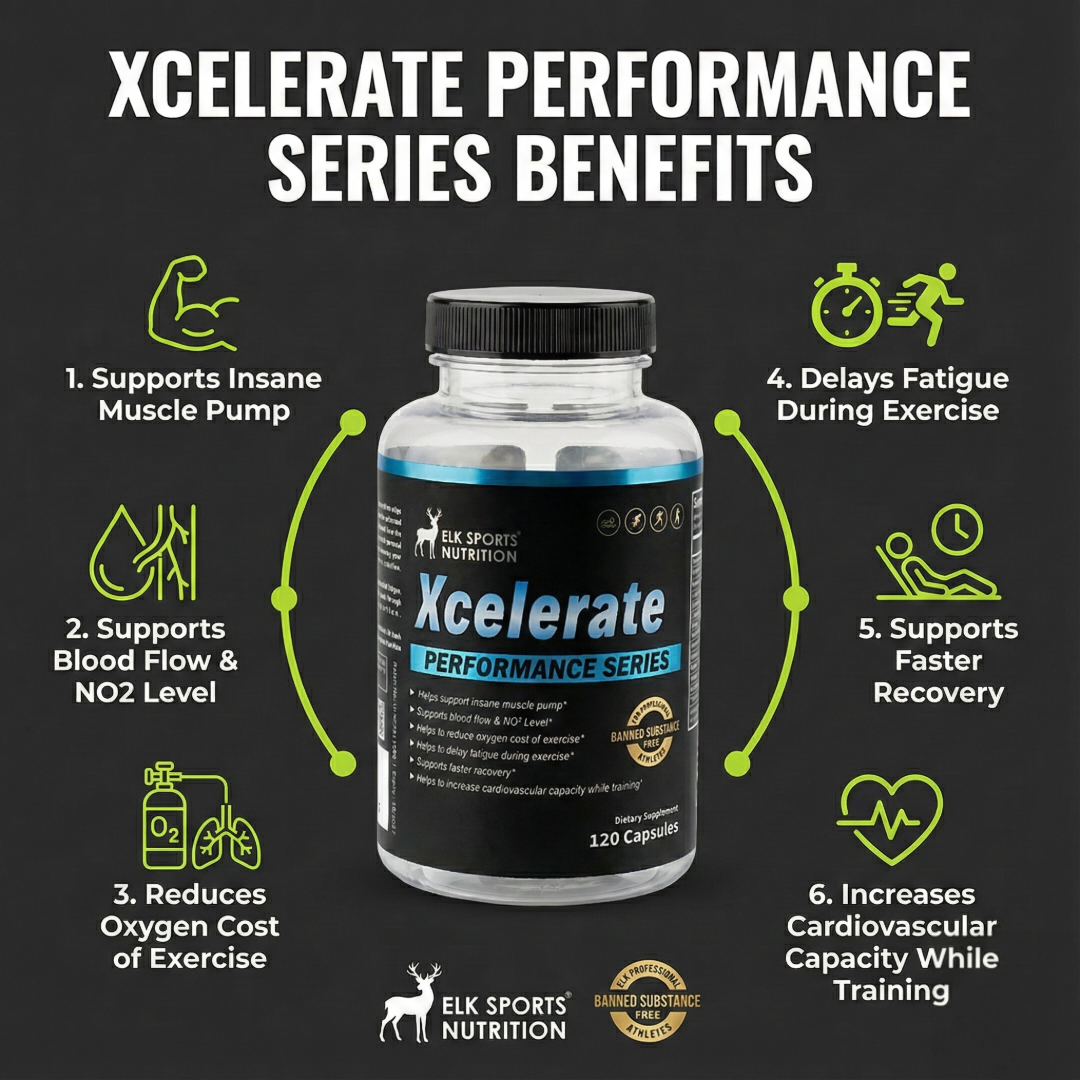 Bottle of Xcelerate Performance Series supplement with benefits listed on a dark background.