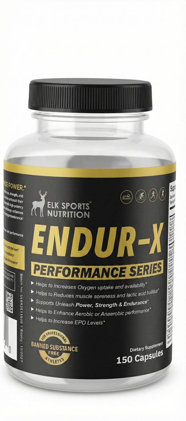 Supplement bottle labeled 'ENDUR-X Performance Series' by Elk Sports Nutrition on a white background