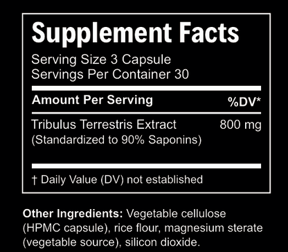 Supplement facts label with Tribulus Terrestris Extract on a black background