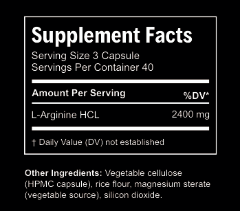 Supplement facts label for L-Arginine HCL capsules on a black background