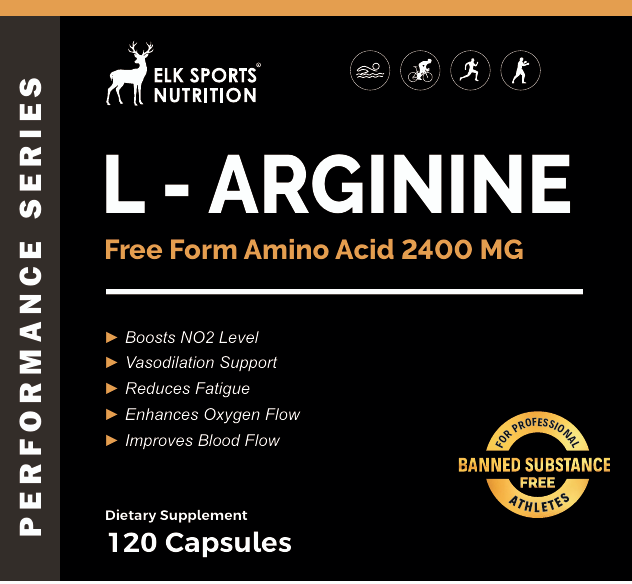 Elk Sports Nutrition L-Arginine supplement packaging with text and branding.