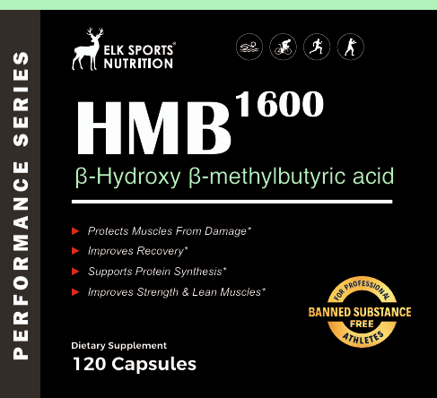 Elk Sports Nutrition HMB 1600 supplement packaging with text and logos.