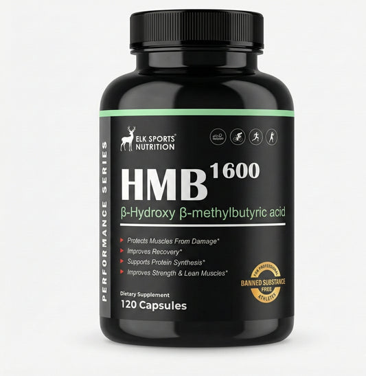 Black supplement bottle labeled 'HMB 1600' by Elk Sports Nutrition on a white background