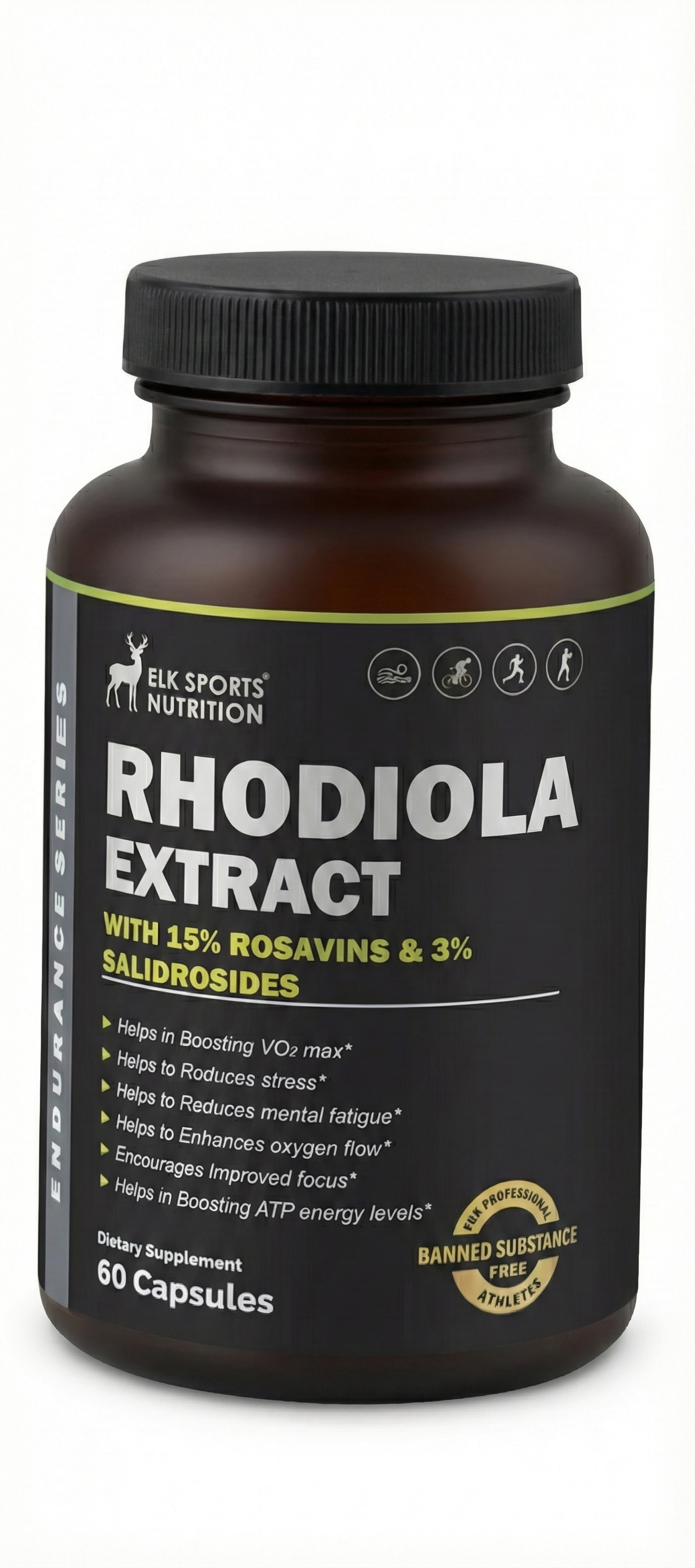 Bottle of Elk Sports Nutrition Rhodiola Extract on a white background