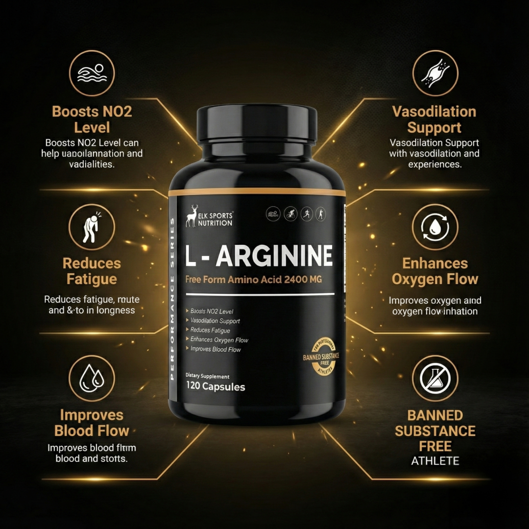 Black supplement bottle labeled 'L-Arginine' with gold text and icons on a dark background