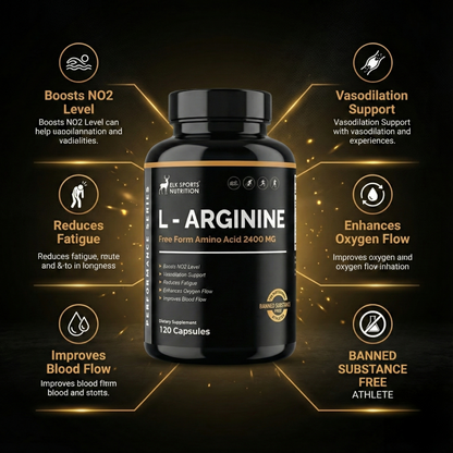 Black supplement bottle labeled 'L-Arginine' with gold text and icons on a dark background