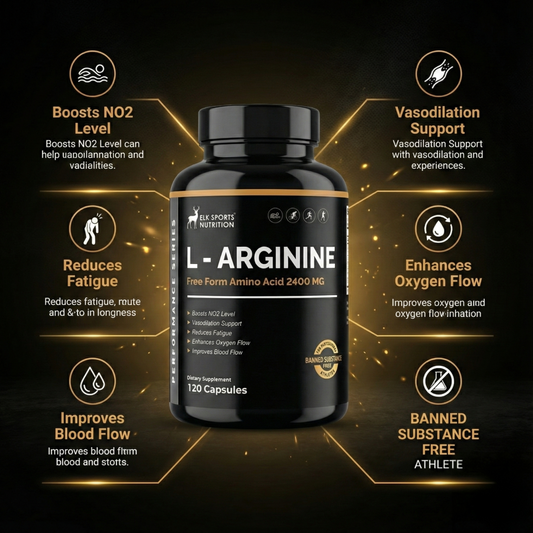 Black supplement bottle labeled 'L-Arginine' with gold text and icons on a dark background