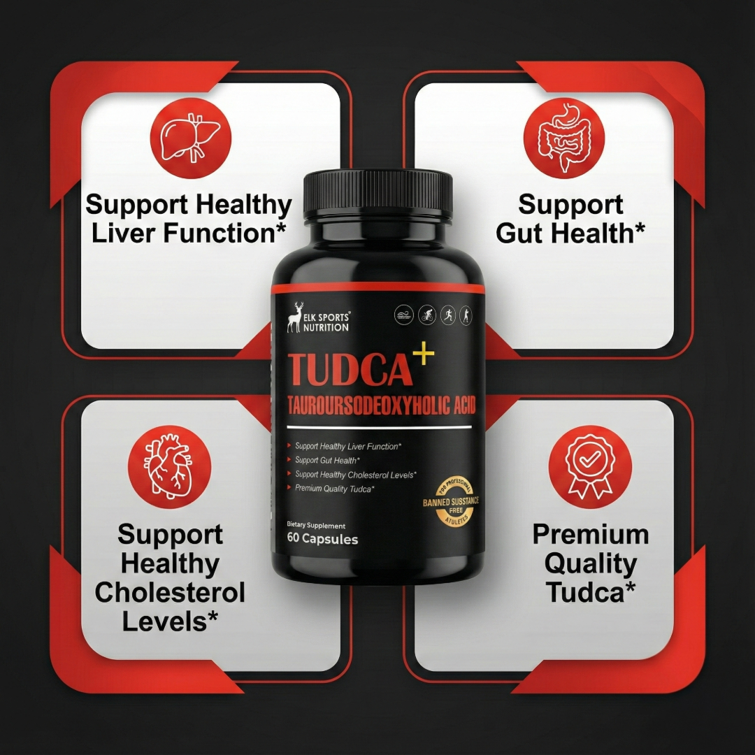 Black supplement bottle labeled 'TUDCA' with red and white labels indicating health benefits on a black background.
