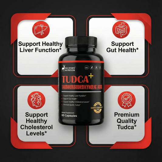 Black supplement bottle labeled 'TUDCA' with red and white labels indicating health benefits on a black background.