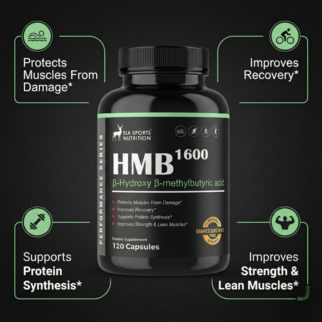 Black supplement bottle labeled 'HMB 1600' with green text on a black background