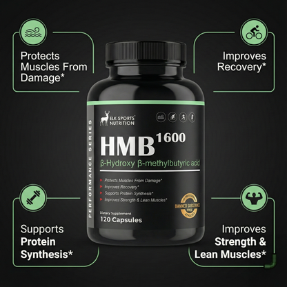 Black supplement bottle labeled 'HMB 1600' with green text on a black background