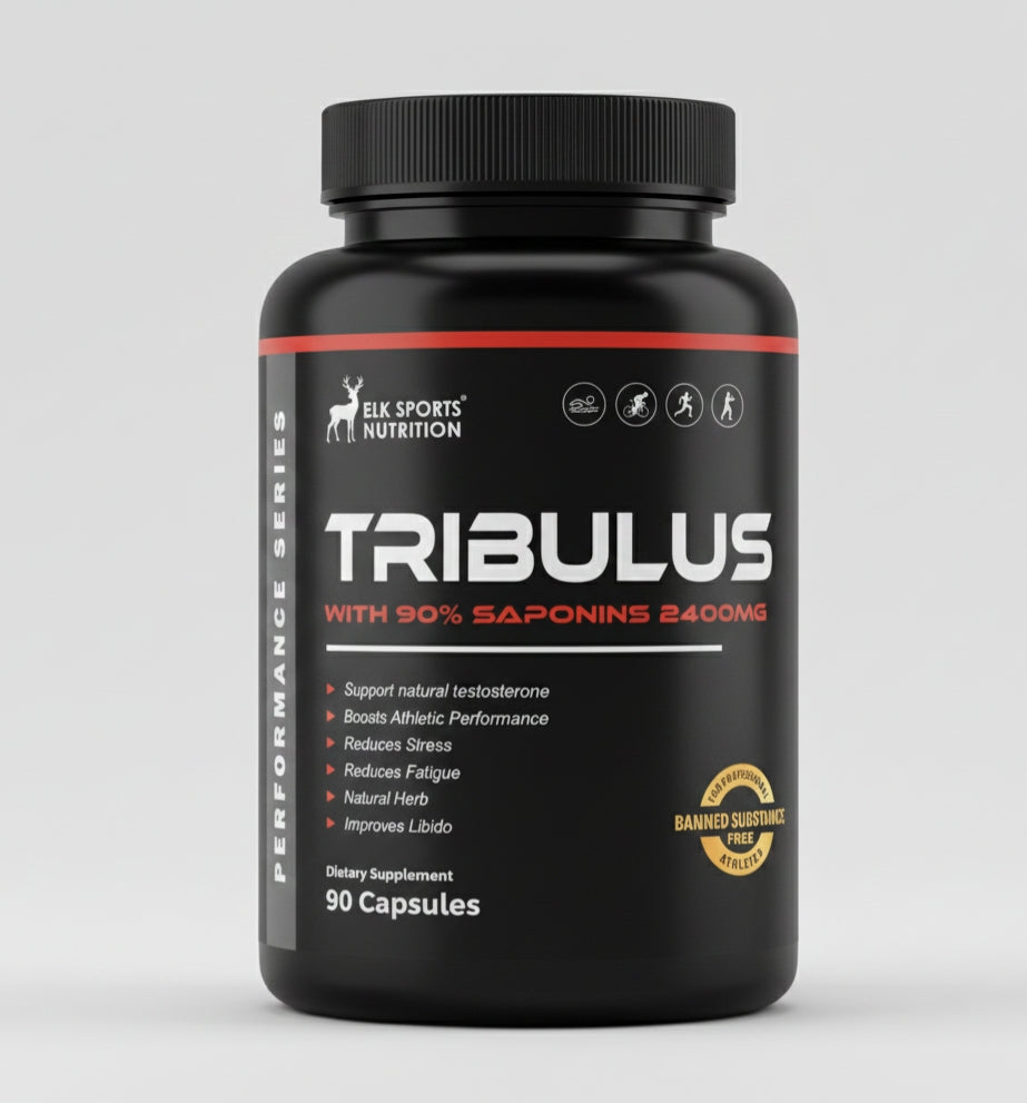 Black supplement bottle labeled 'Tribulus' with red and white text on a light gray background