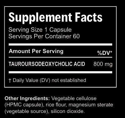 Supplement facts label for a capsule with tauroursodeoxycholic acid on a black background