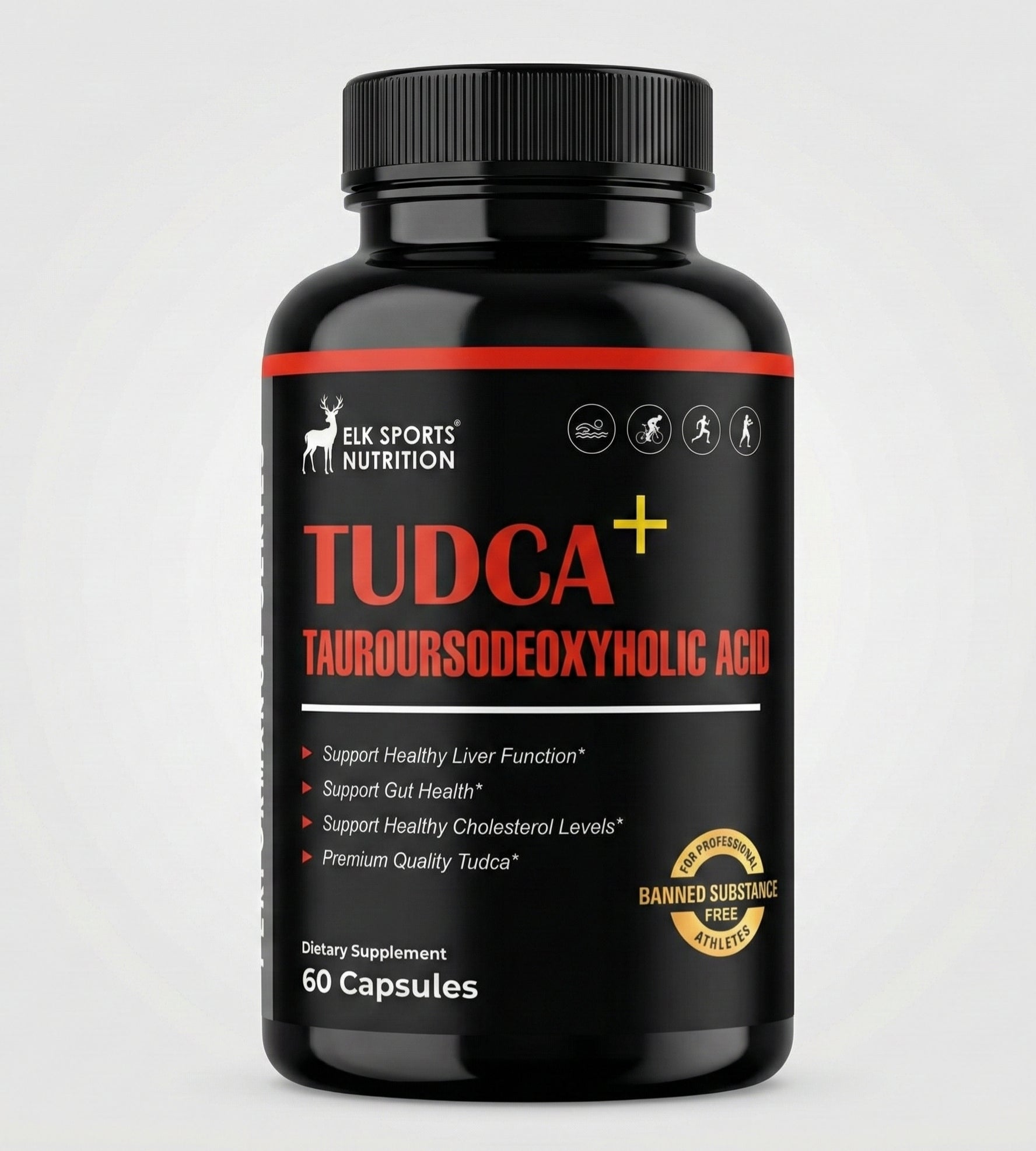 Black supplement bottle with red and white label on a light gray background