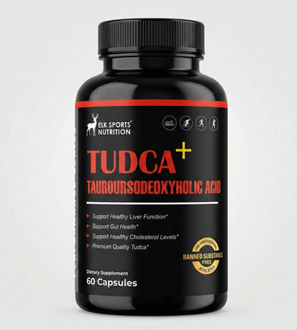 Black supplement bottle with red and white label on a light gray background