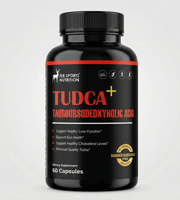 Black supplement bottle with red and white label on a light gray background