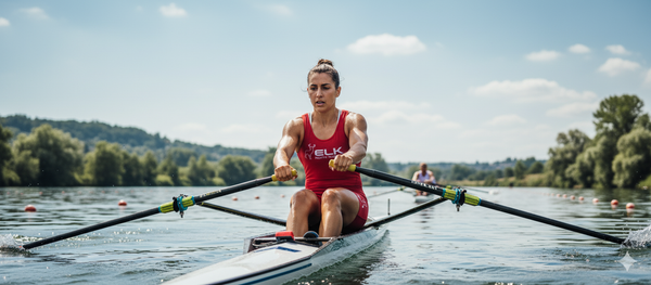 Woman rowing on a lake with trees and clear sky in the background