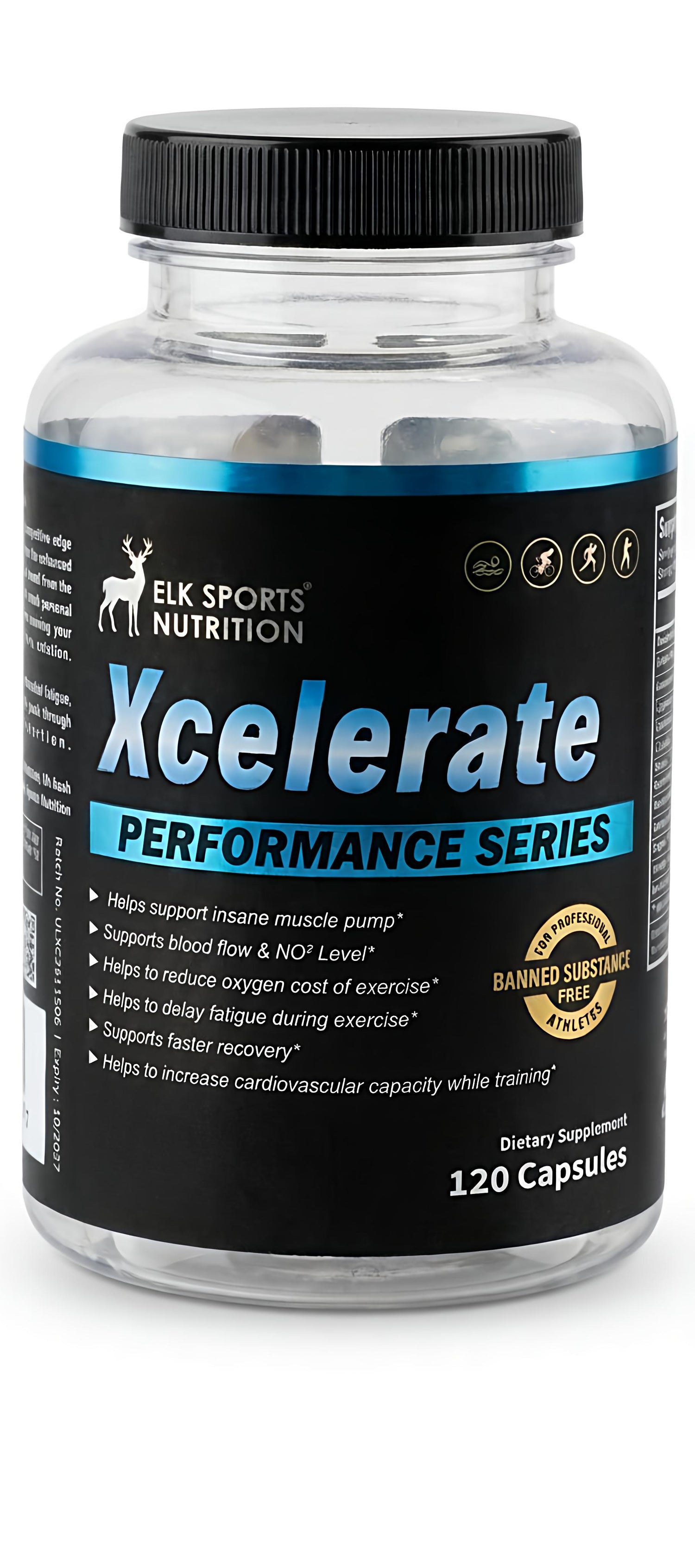 Bottle of Elk Sports Nutrition Xcelerate Performance Series dietary supplement on a white background